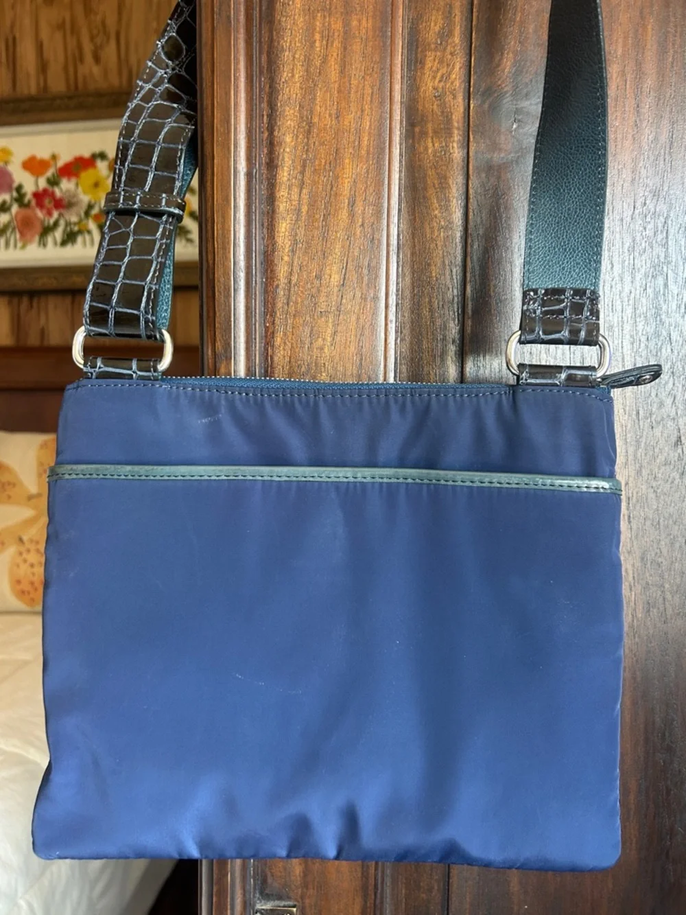 Brighton Navy Nylon Crossbody Bag with Croc Pattern Leather Trim